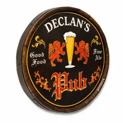 Angled view of handmade wooden barrel end pub sign showing real wood staves and metal band