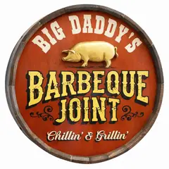 Front view of handmade personalized BBQ barrel sign with bold BARBEQUE JOINT lettering