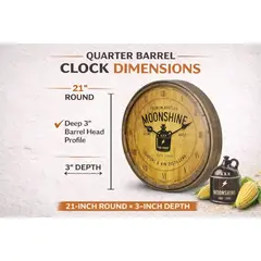 21 inch quarter barrel clock dimensions showing barrel head depth and rustic moonshine distillery wall clock design.