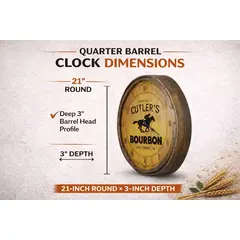21 inch round quarter barrel wall clock showing 3 inch deep barrel head profile bourbon barrel clock dimensions.