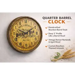 Quarter barrel clock product graphic highlighting handcrafted bourbon barrel style design, vintage Roman numerals, and rustic aged wood construction.