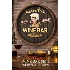 Handmade wooden quarter barrel wine bar sign installed in upscale wine room interior