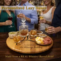 Reclaimed whiskey barrel lazy susan used as entertaining centerpiece with drinks and charcuterie