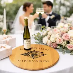 Personalized wine barrel head lazy susan centerpiece displayed at wedding reception table with wine bottle and floral arrangement