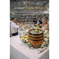 Rustic oak barrel wine chiller centerpiece on vineyard wedding reception table with bride and groom wine glasses
