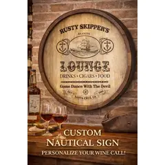 Custom nautical barrel head sign mounted on brick wall above bar with wine glasses and bottle. Hero Image