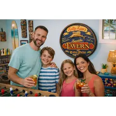 Salty Sam’s Seaside Tavern handmade 20–21 inch quarter barrel sign displayed in coastal family game room.