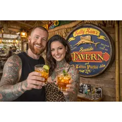 Salty Sam’s nautical quarter barrel wall sign mounted in tiki bar setting with couple holding cocktails.