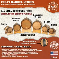 Six sizes of American white oak aging barrels ranging from 1 liter to 5 gallon with black steel hoops and exterior finish for whiskey and bourbon aging.