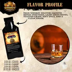 Dublin-style Single Malt Irish Whiskey flavor profile with notes of honey sweetness, light fruit, toasted barley, soft spice, and clean finish shown with premium essence pouch