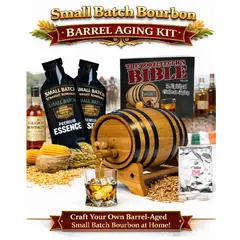 Small Batch Bourbon Barrel Aging Kit featuring real American oak barrel, essence packets and glass of bourbon over ice.