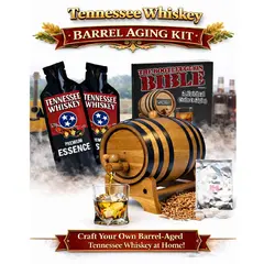 Tennessee Whiskey barrel aging kit with American oak barrel, premium essence packets, aged whiskey glass, and complete home aging accessories.