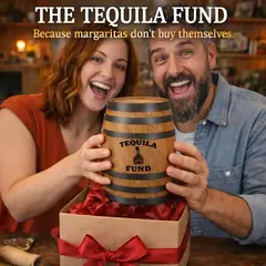 Tequila fund oak barrel piggy bank gift presentation with couple excitedly receiving margarita themed savings barrel