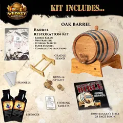 Texas Sweet Corn Whiskey making kit contents including American white oak barrel, premium whiskey essence, funnels, bung, spigot, barrel restoration kit, and Bootlegger’s Bible guide