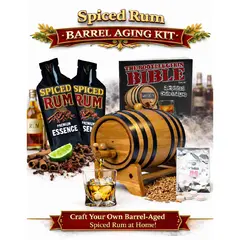 Spiced Rum barrel aging kit featuring oak aging barrel, premium essence packets, rum glass, spices, and complete home aging system.