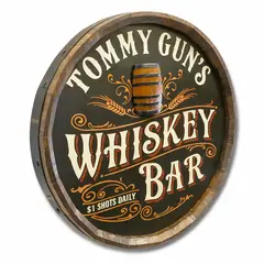 Angled view of 3D relief whiskey bar quarter barrel sign showing dimensional wood frame and raised barrel detail.