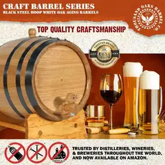 Top quality American white oak aging barrel with black steel hoops displayed alongside whiskey and wine glasses showcasing premium craftsmanship for home spirit aging.