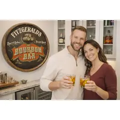 Personalized bourbon quarter barrel sign mounted in modern home bar kitchen with couple holding whiskey glasses.