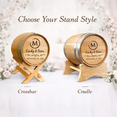Wedding card barrel stand options comparison showing crossbar stand and cradle stand styles for personalized wooden wedding card holders.
