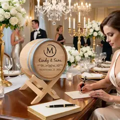 Personalized wedding card barrel paired with signature barrel head guest book where wedding guests sign messages for the couple.