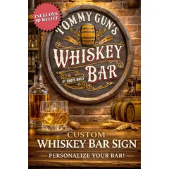 Angled view of 3D relief whiskey bar quarter barrel sign showing dimensional wood frame and raised barrel detail on wall with whiskey cocktail.