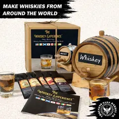 Complete DIY whiskey making kit with oak aging barrel, premium gift box, whiskey guide book, and tasting glass.
