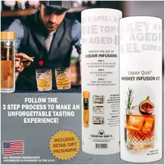 How to use whiskey infusion kit step by step process showing bartender pouring bourbon into glass infuser.
