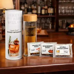 Complete Liquor Quik whiskey infusion kit set including glass bottle, stainless steel infuser and three gourmet infusion packets.