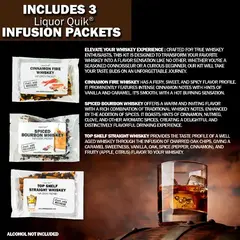 Liquor Quik whiskey infusion kit includes three flavor packets Cinnamon Fire, Spiced Bourbon and Top Shelf Straight with tasting notes.