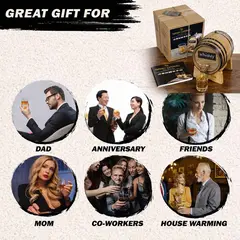 Whiskey making kit contents including charred oak barrel, stand, bung, spigot, barrel wax, chalk, and 28-page whiskey guide.