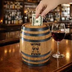 Mini oak barrel piggy bank engraved with Wine Fund logo on wine bar counter with red wine glass and dollar bill being inserted