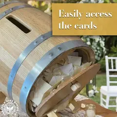 Open wedding barrel card holder showing envelopes stored inside through rear access door.