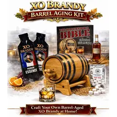 XO Brandy barrel aging kit featuring American oak aging barrel, premium XO brandy essence packets, brandy glass, and complete home aging system.