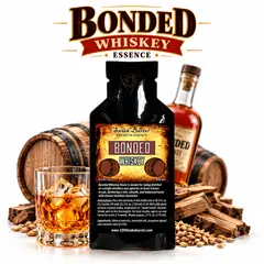 Bonded Whiskey Essence pouch by Swish Barrel with oak barrels, charred wood and wheat, alongside a crystal glass of amber whiskey over ice.