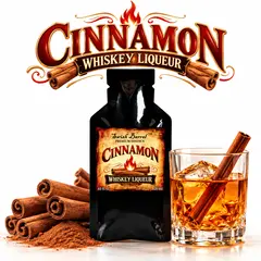 Cinnamon Whiskey Liqueur Essence pouch by Swish Barrel with cinnamon sticks and ground cinnamon, alongside a crystal glass of amber whiskey over ice with a cinnamon garnish.