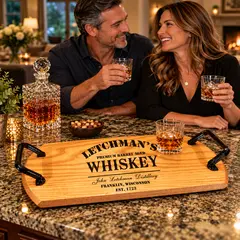 Couple enjoying whiskey at home with a personalized oak barrel head serving tray featuring custom engraving, wrought iron handles, and whiskey glasses.