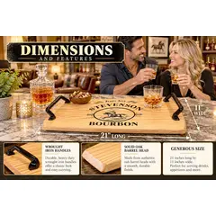 21 x 11 inch personalized oak barrel head bourbon serving tray with custom name engraving, black wrought iron handles, and solid oak construction.
