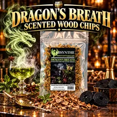 Dragon’s Breath scented wood chips with absinthe and licorice aroma for cocktail smokers, shown with a smoked green cocktail and aromatic botanicals.
