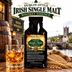 Dublin-Style Irish Single Malt Whiskey Essence pouch by Swish Barrel with barley, oak whiskey barrels and a crystal glass of amber whiskey, set against a traditional Irish riverside pub scene.