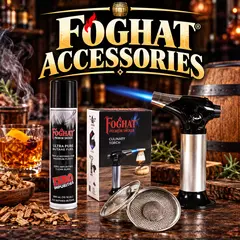 Foghat cocktail smoker accessories featuring a culinary torch, premium butane fuel and replacement metal screens for smoking whiskey and craft cocktails.