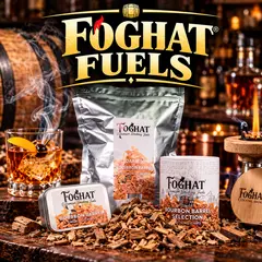 Foghat premium smoking fuels featuring bourbon barrel wood chips for cocktail smokers, smoked whiskey, bourbon and craft cocktails.