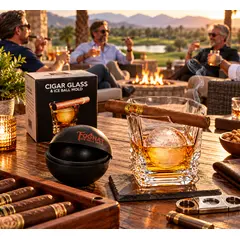 Foghat Cigar Glass and Ice Ball Mold Set featuring a crystal whiskey glass with built-in cigar holder, large round ice sphere, and branded silicone ice mold. Displayed on a luxury outdoor patio at sunset with cigar accessories, while friends enjoy whiskey and cigars around a fire pit overlooking a scenic golf course.
