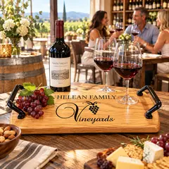 Personalized solid oak vineyard wine serving tray measuring 21 inches long by 11 inches wide, featuring black wrought iron handles, custom family name engraving, and decorative grapevine artwork.