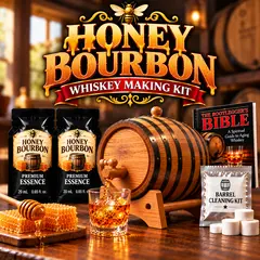 Honey bourbon whiskey barrel aging kit with real oak barrel, two premium honey bourbon essence packets, Bootlegger’s Bible aging guide, barrel cleaning kit, bourbon glass and honeycomb for aging honey bourbon whiskey at home.