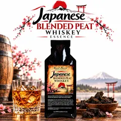Japanese Blended Peat Whiskey Essence packet with a glass of amber whiskey, peat, cherry blossoms, Mount Fuji and Japanese torii gate accents.