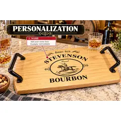 Personalized oak barrel head bourbon serving tray showing custom name engraving, Stevenson bourbon design, horse illustration, and black wrought iron handles.