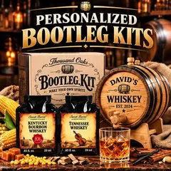 Personalized Bootleg Kits® featuring custom engraved oak whiskey barrel, bootleg kit box, and whiskey essence bottles on rustic bar background.