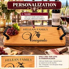 Personalized oak vineyard wine serving tray with engraved family name, grapevine design, red wine bottle, and wine glasses in a bright Napa Valley-inspired tasting room with guests enjoying wine.