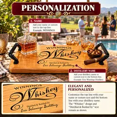 Personalized oak whiskey serving tray with custom name and distillery engraving, crystal whiskey decanter, whiskey glasses, and cigar displayed beside a luxury swimming pool overlooking a golf course at sunset.