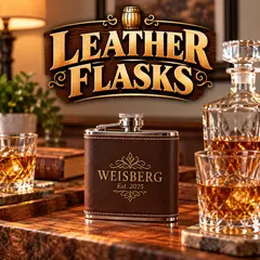 Personalized leather whiskey flask displayed in a home bar with bourbon glasses and a crystal decanter, ideal for whiskey gifts and special occasions.